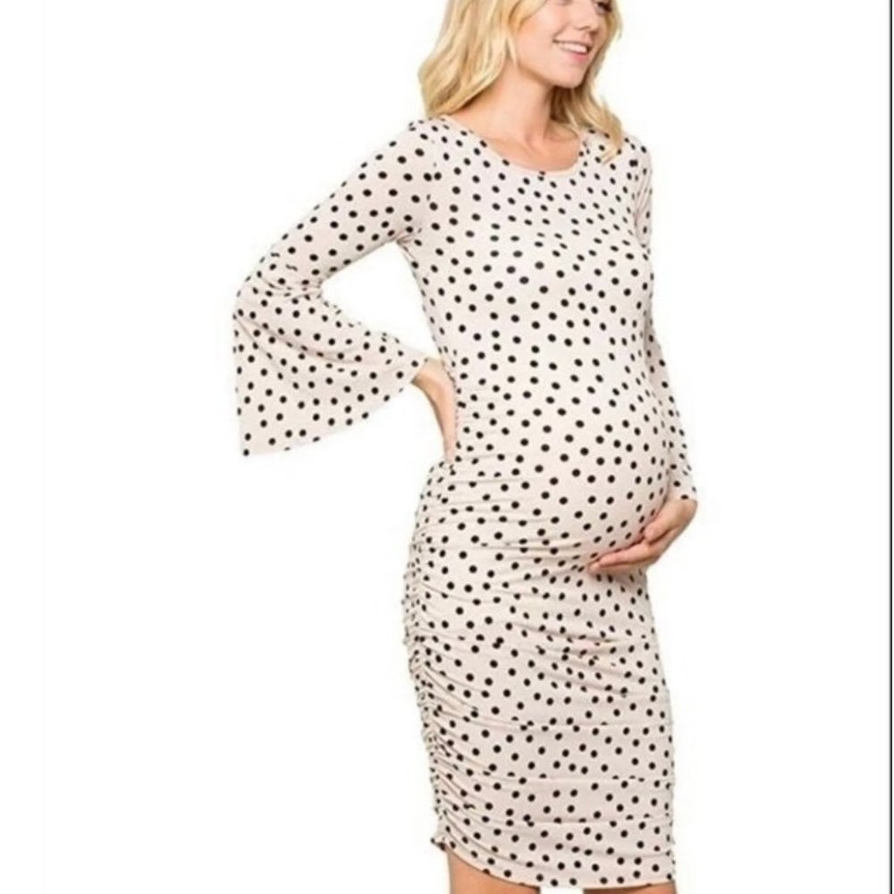My Bump Luke 2:40 (Sz S) Maternity Dress Ruched Dot 3/4 Flutter Sleeve
